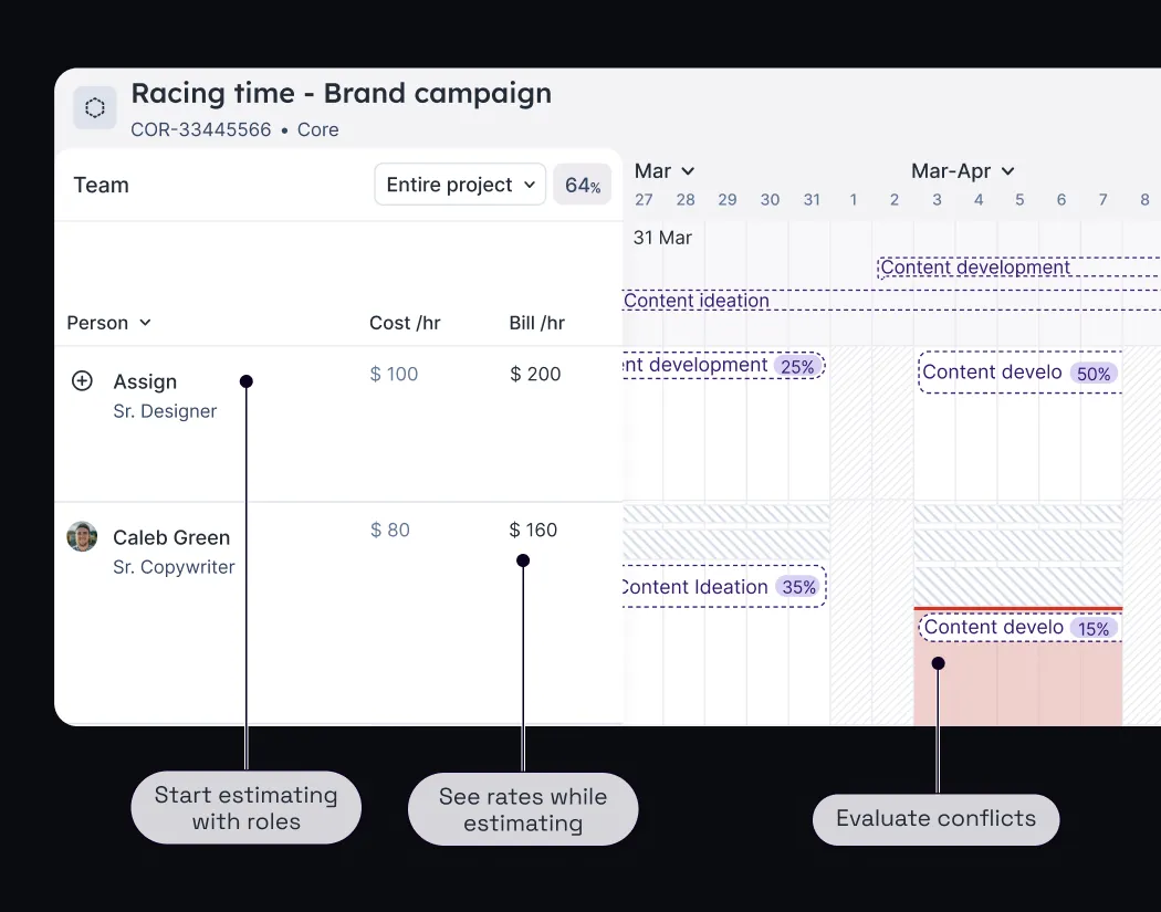 A screenshot of Float's project view where you can see resourcing conflicts, get an overview of rates while planning, and estimate with roles to plan ahead.